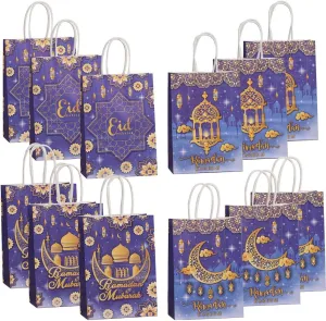12PCS Eid Al-Adha Party Favor Gift Bags EID Mubarak Gift Goodie Bags Party Supplies Paper Candy Bags Supplies EID Al Fitr Ramadan Decor Moon Lantern Treat Bag with Handles