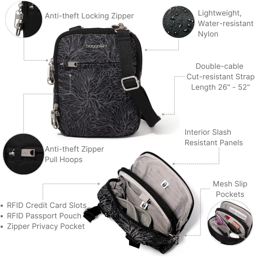 Baggallini Securtex Anti-theft Mini Everything Crossbody Bag, 6.3"x8.25" Rfid, Locking Zippers & Cut-resistant Strap