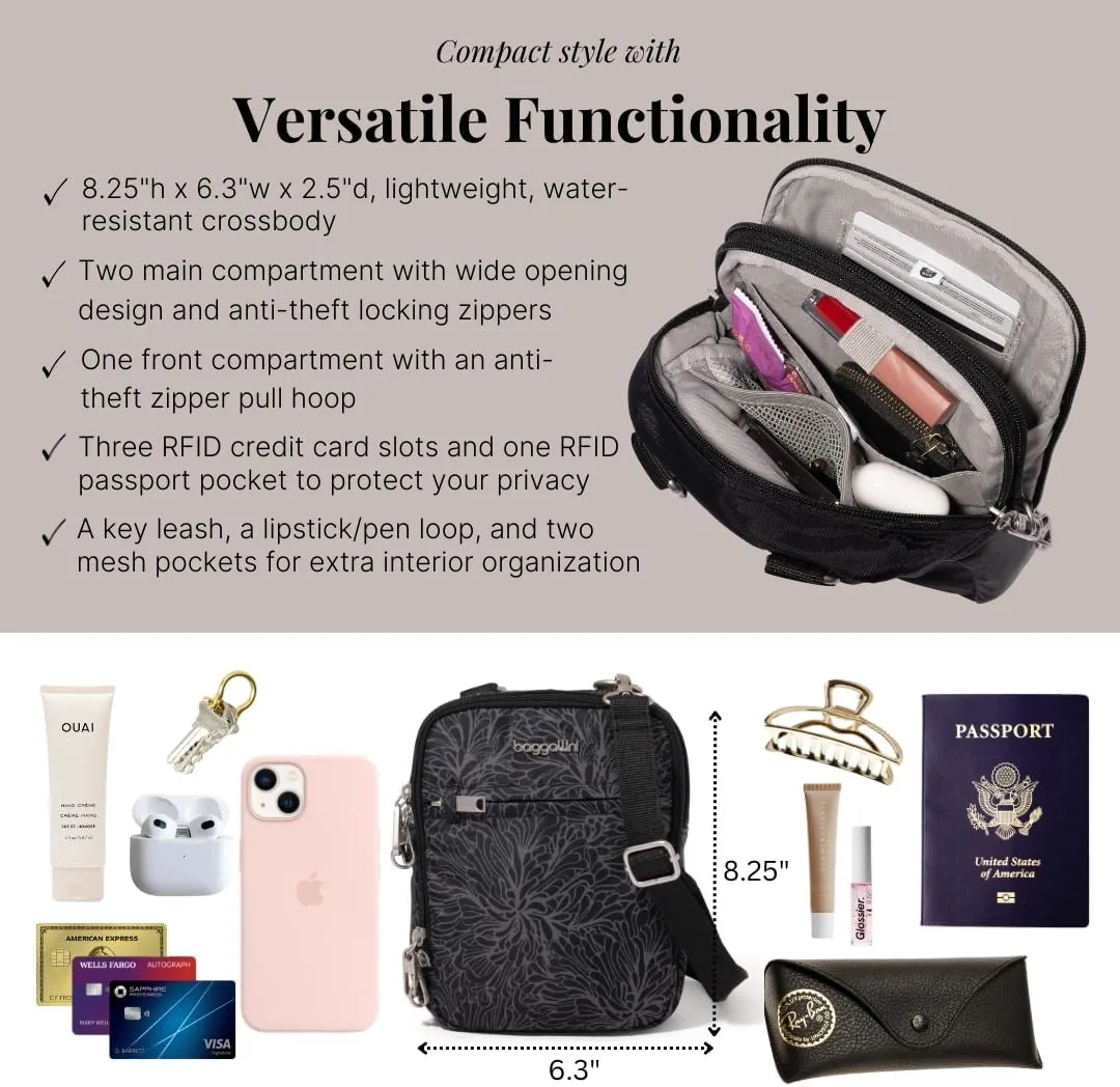 Baggallini Securtex Anti-theft Mini Everything Crossbody Bag, 6.3"x8.25" Rfid, Locking Zippers & Cut-resistant Strap