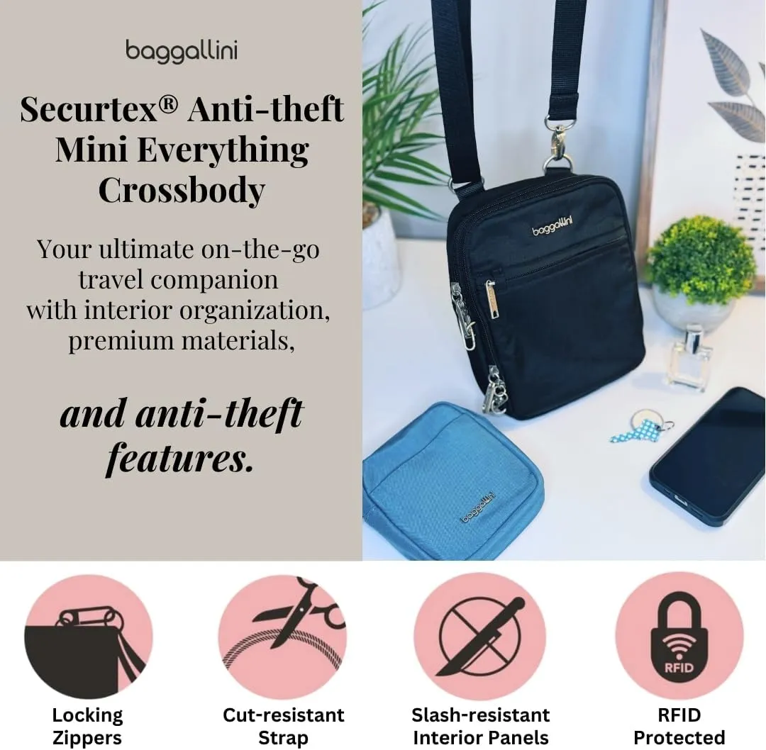 Baggallini Securtex Anti-theft Mini Everything Crossbody Bag, 6.3"x8.25" Rfid, Locking Zippers & Cut-resistant Strap