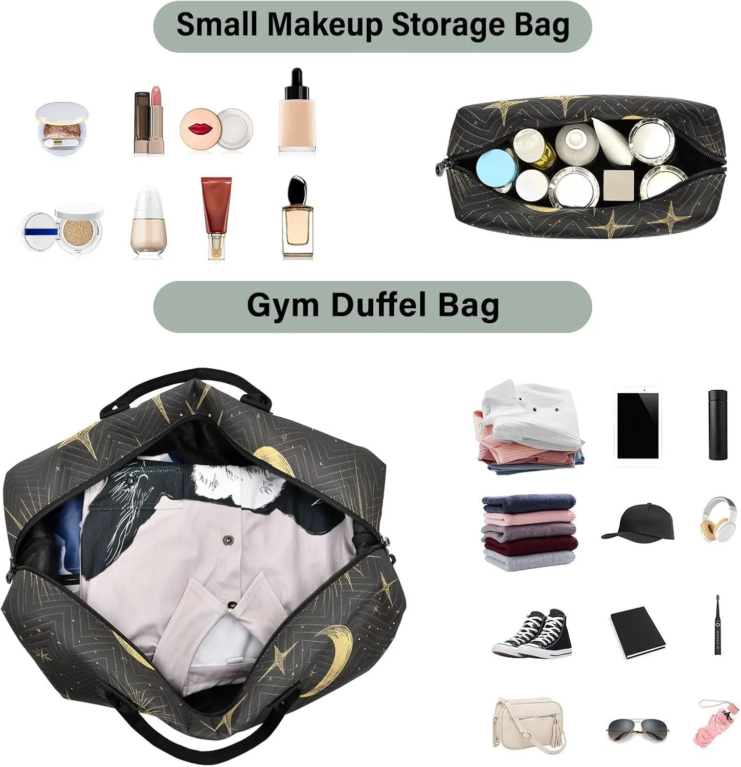 Boho Travel Duffle Gym Bag, Gold Lines Sun Moon Weekender for Women with Toiletry Bag