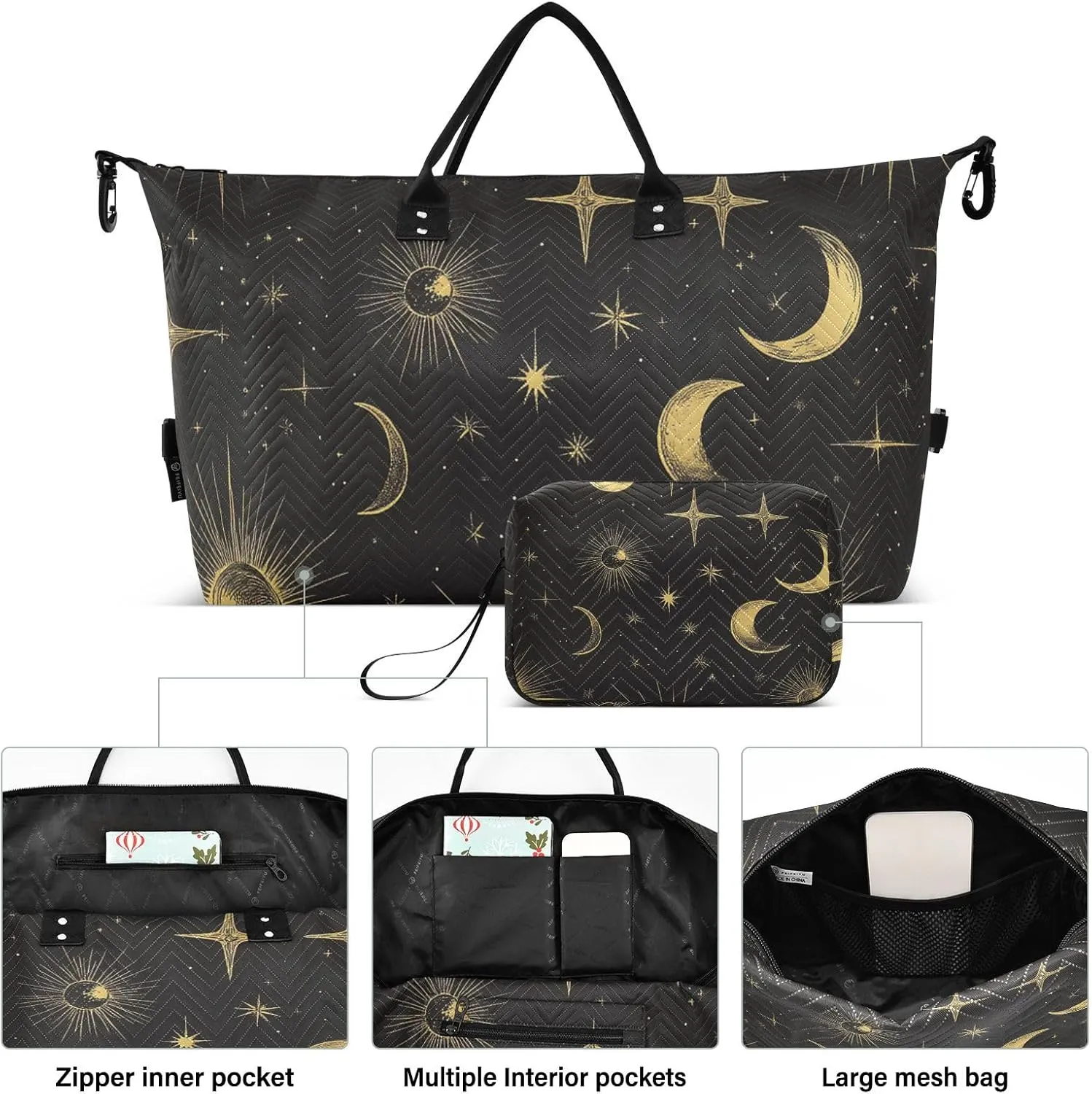 Boho Travel Duffle Gym Bag, Gold Lines Sun Moon Weekender for Women with Toiletry Bag