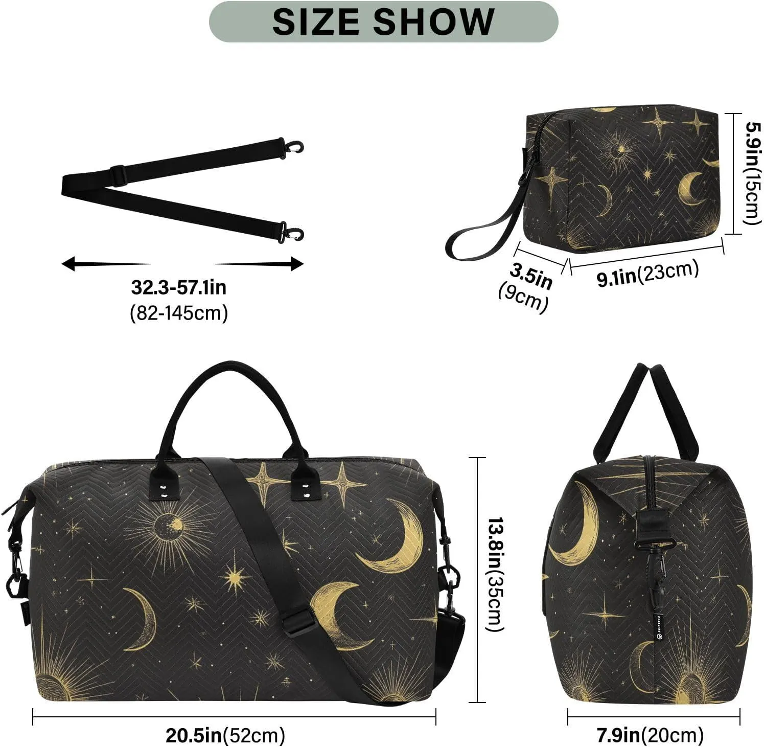Boho Travel Duffle Gym Bag, Gold Lines Sun Moon Weekender for Women with Toiletry Bag