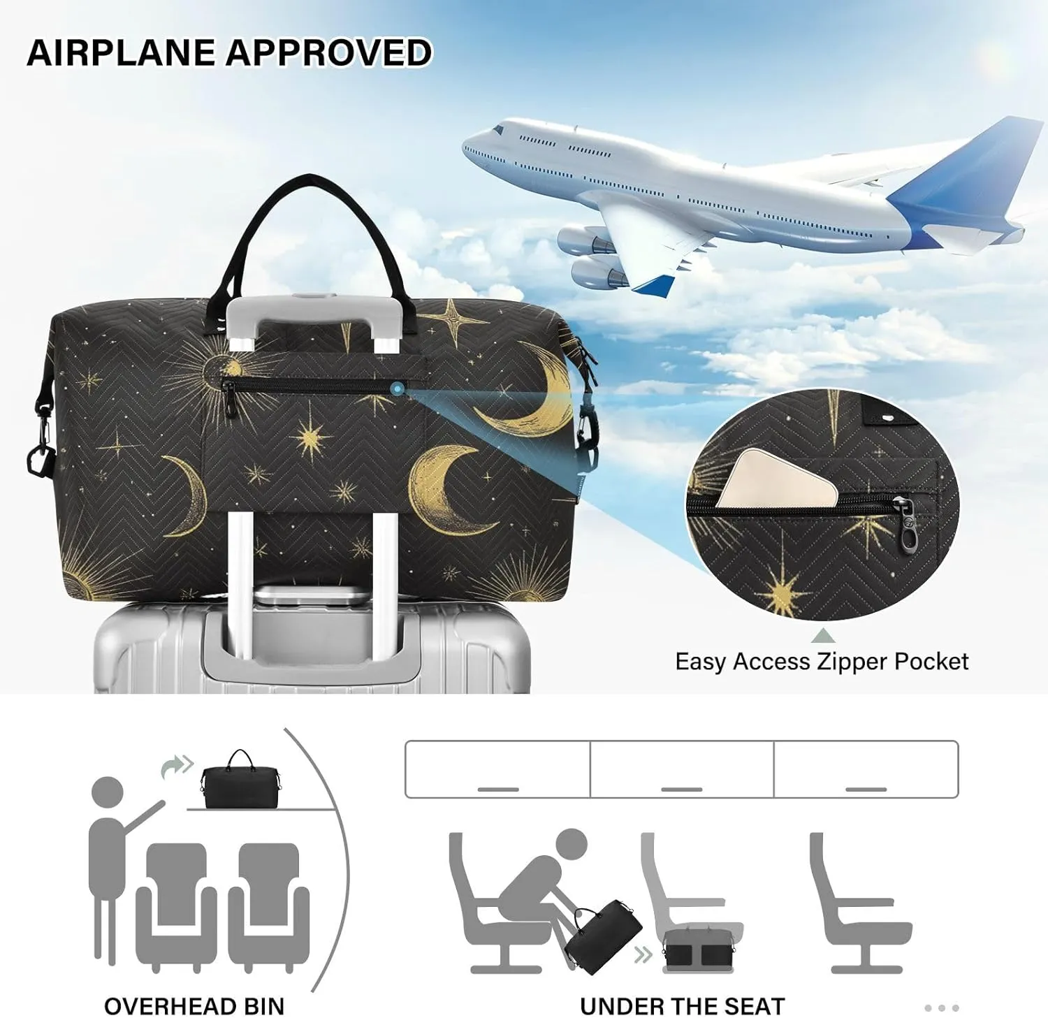 Boho Travel Duffle Gym Bag, Gold Lines Sun Moon Weekender for Women with Toiletry Bag