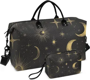 Boho Travel Duffle Gym Bag, Gold Lines Sun Moon Weekender for Women with Toiletry Bag