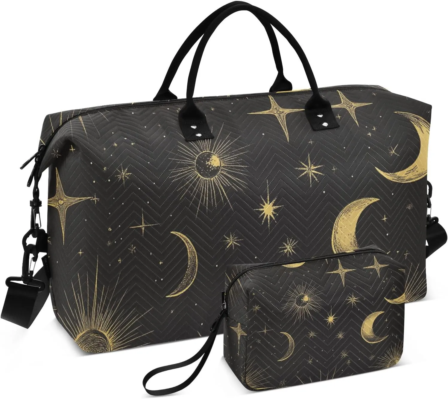 Boho Travel Duffle Gym Bag, Gold Lines Sun Moon Weekender for Women with Toiletry Bag