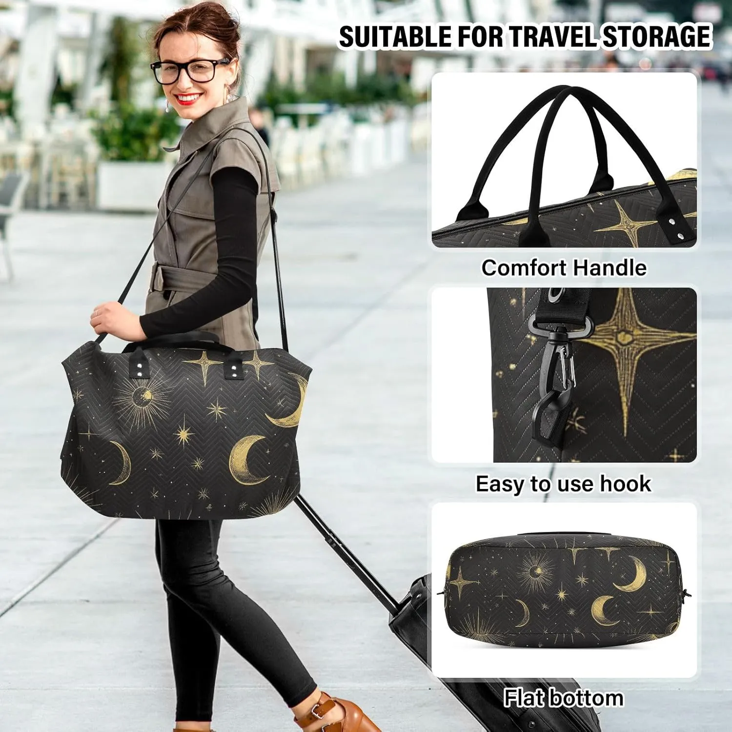 Boho Travel Duffle Gym Bag, Gold Lines Sun Moon Weekender for Women with Toiletry Bag