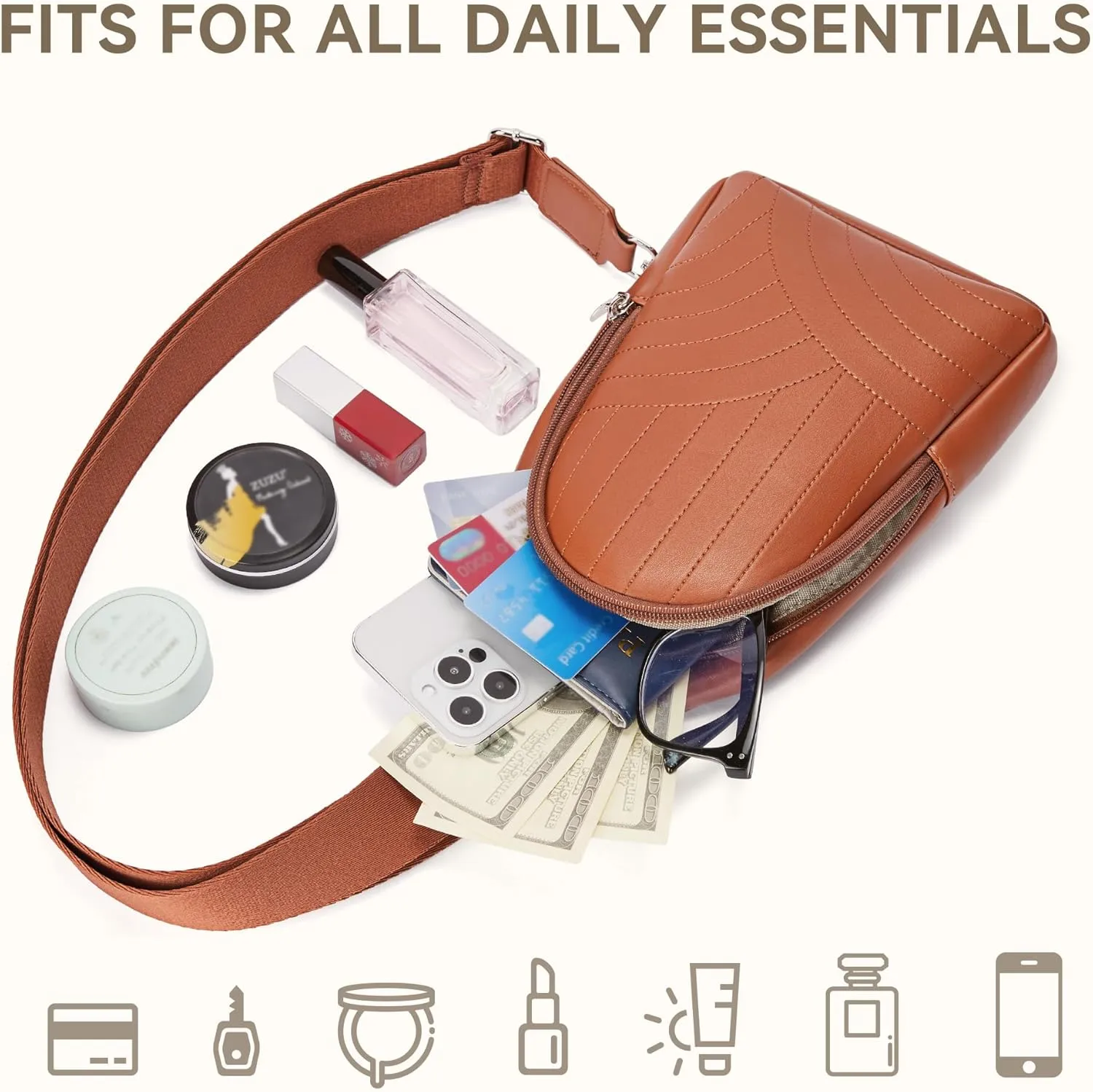 BOSTANTEN Sling Bag Quilted Crossbody Bags for Women Cross Body Purse Leather Fanny Pack with Adjustable Guitar Strap