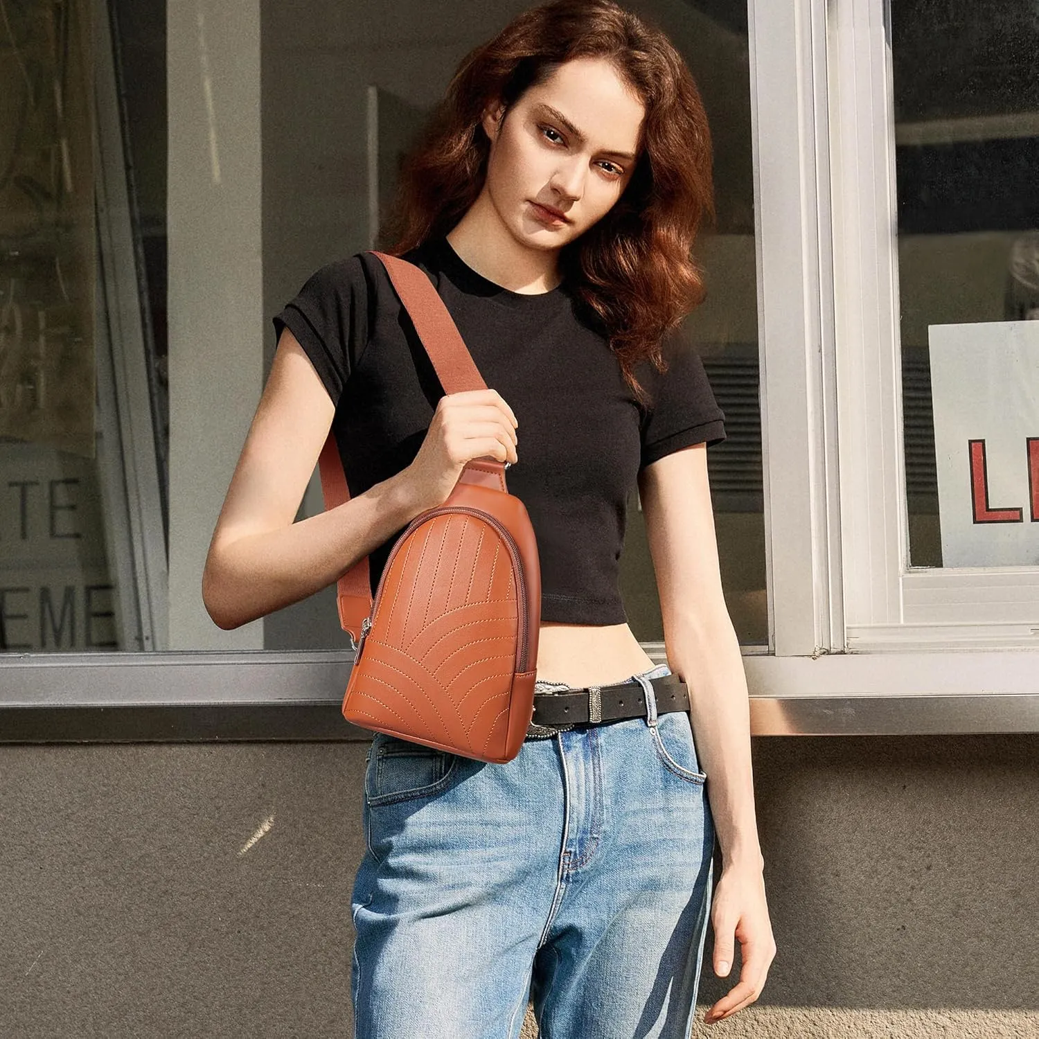 BOSTANTEN Sling Bag Quilted Crossbody Bags for Women Cross Body Purse Leather Fanny Pack with Adjustable Guitar Strap