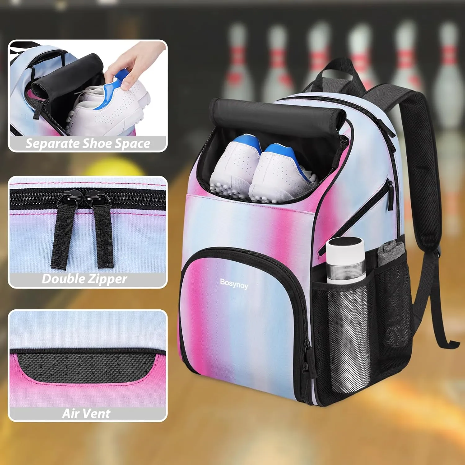 Bosynoy Bowling Backpack, Bowling Ball Bag Totes for Single Ball with Shoe Compartment & Foam Padded, Fits Shoes Up to US Mens Size 16, Grey