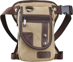 Canvas Drop Leg Bag, Motorcycle Thigh Bag with Multiple Pockets, 6x2.8x10.5 inches (Khaki)