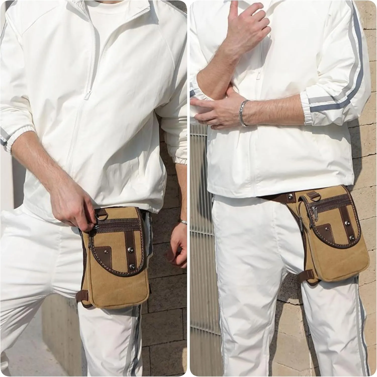 Canvas Drop Leg Bag, Motorcycle Thigh Bag with Multiple Pockets, 6x2.8x10.5 inches (Khaki)