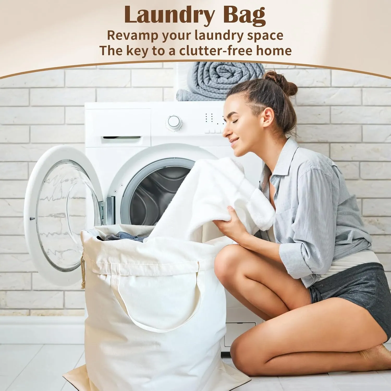 Canvas Laundry Bag, Thick Cotton Laundry Bag with Handles & Drawstring, Extra Large Heavy Duty Washable Basket Liner Hamper Liner for Travel, Camp, College(XL, 1 Pack)