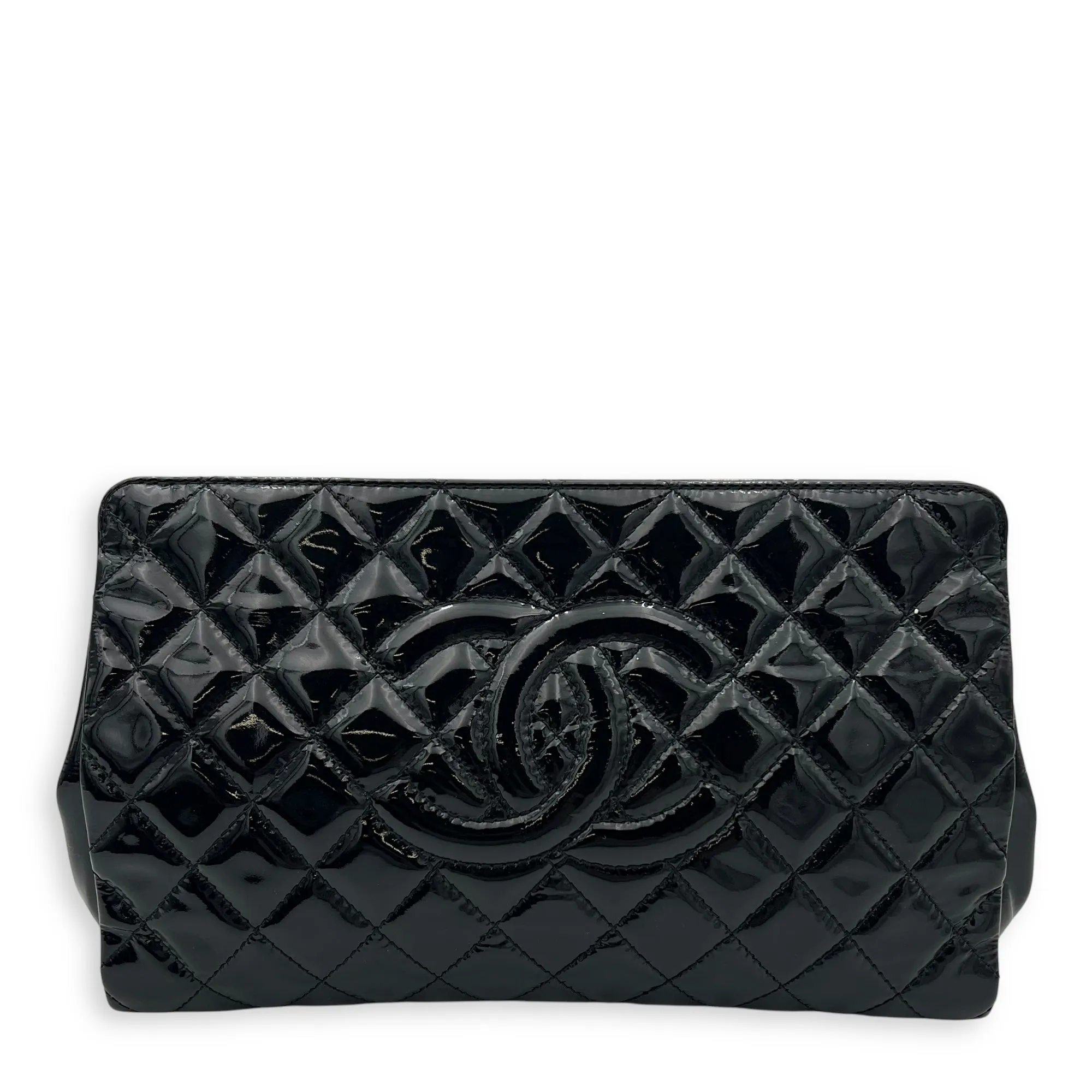 CC Quilted Black Clutch in Patent Leather, Silver hardware