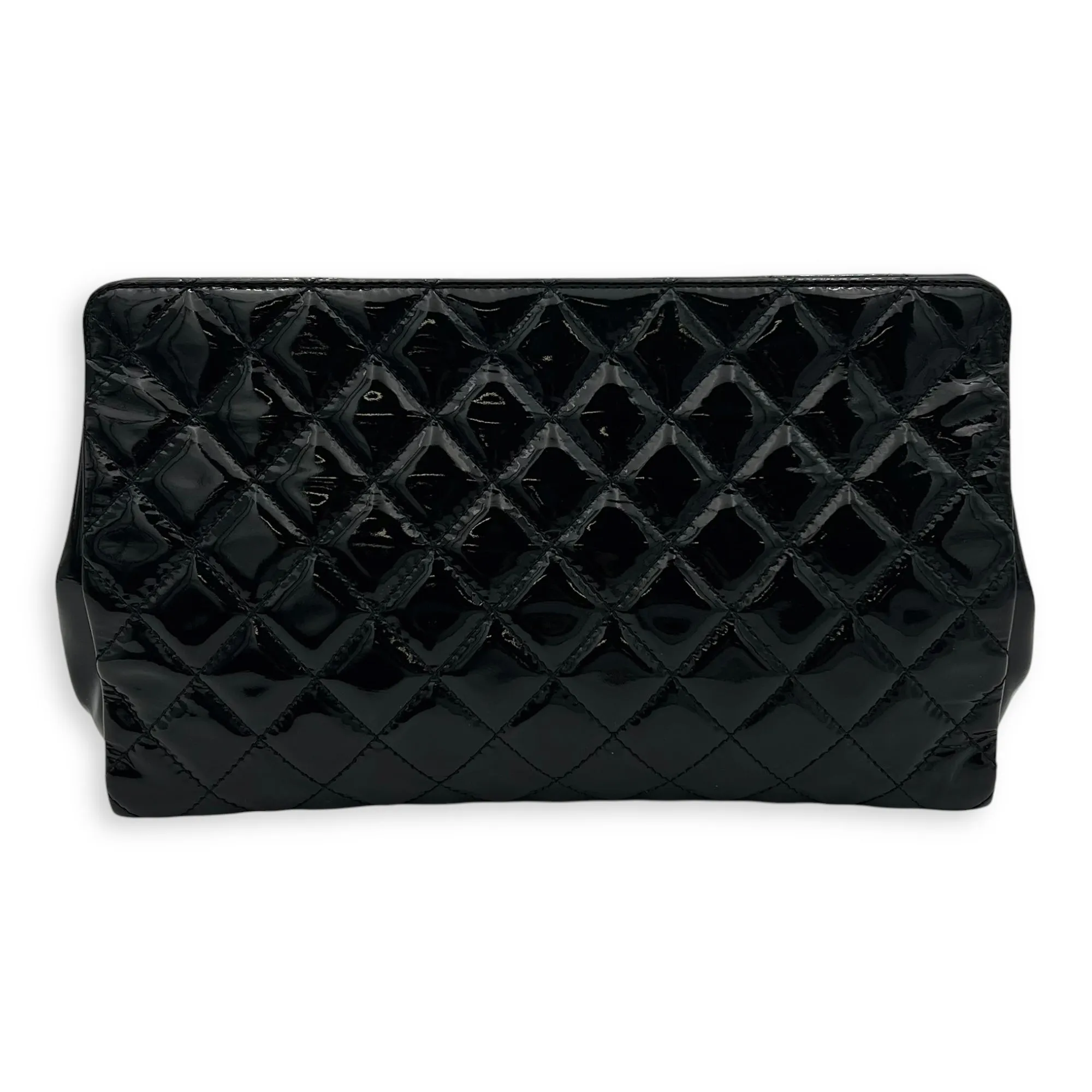 CC Quilted Black Clutch in Patent Leather, Silver hardware