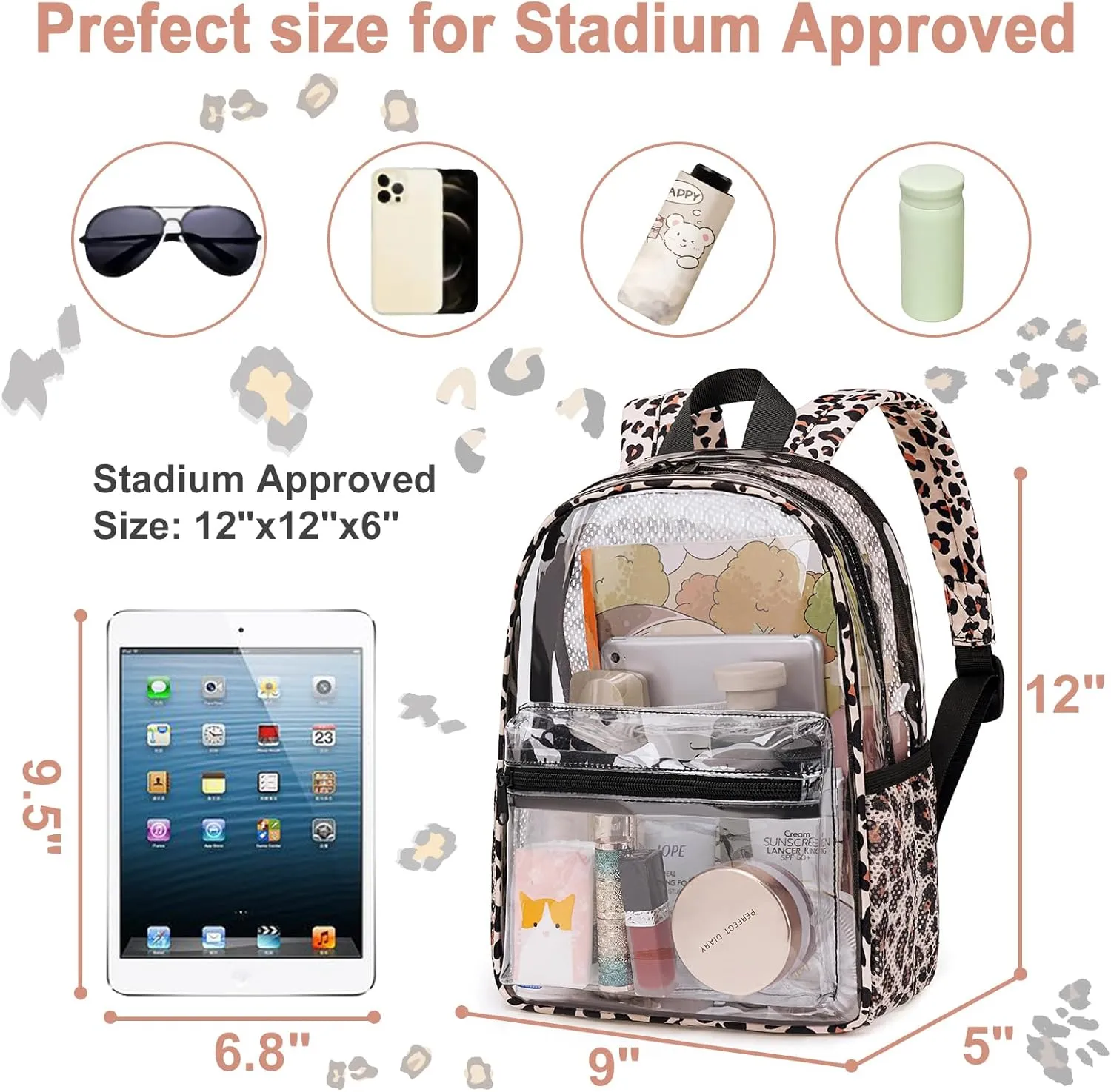 Clear Mini Backpack Stadium Approved 12x6x12 Small Leopard Transparent Backpacks Plastic See Through Bag for Work Festival Security Travel