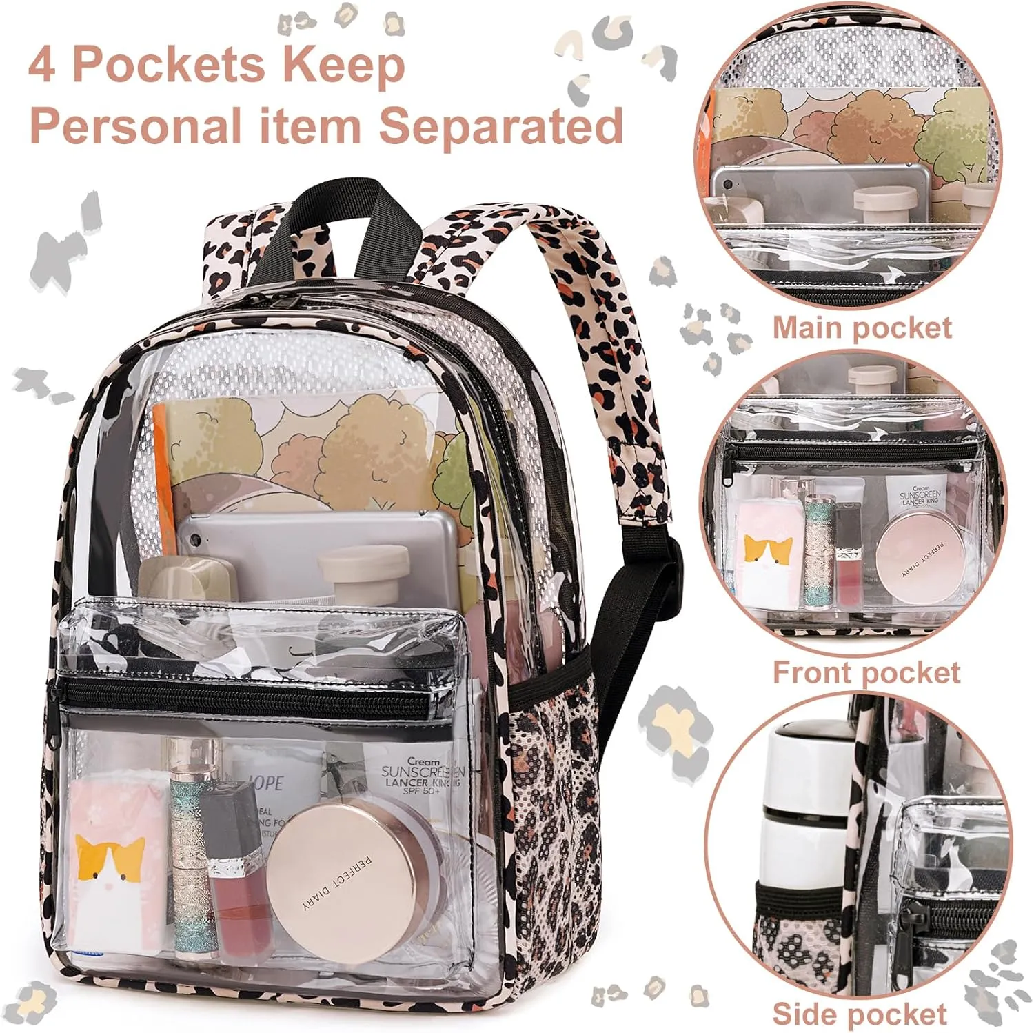 Clear Mini Backpack Stadium Approved 12x6x12 Small Leopard Transparent Backpacks Plastic See Through Bag for Work Festival Security Travel