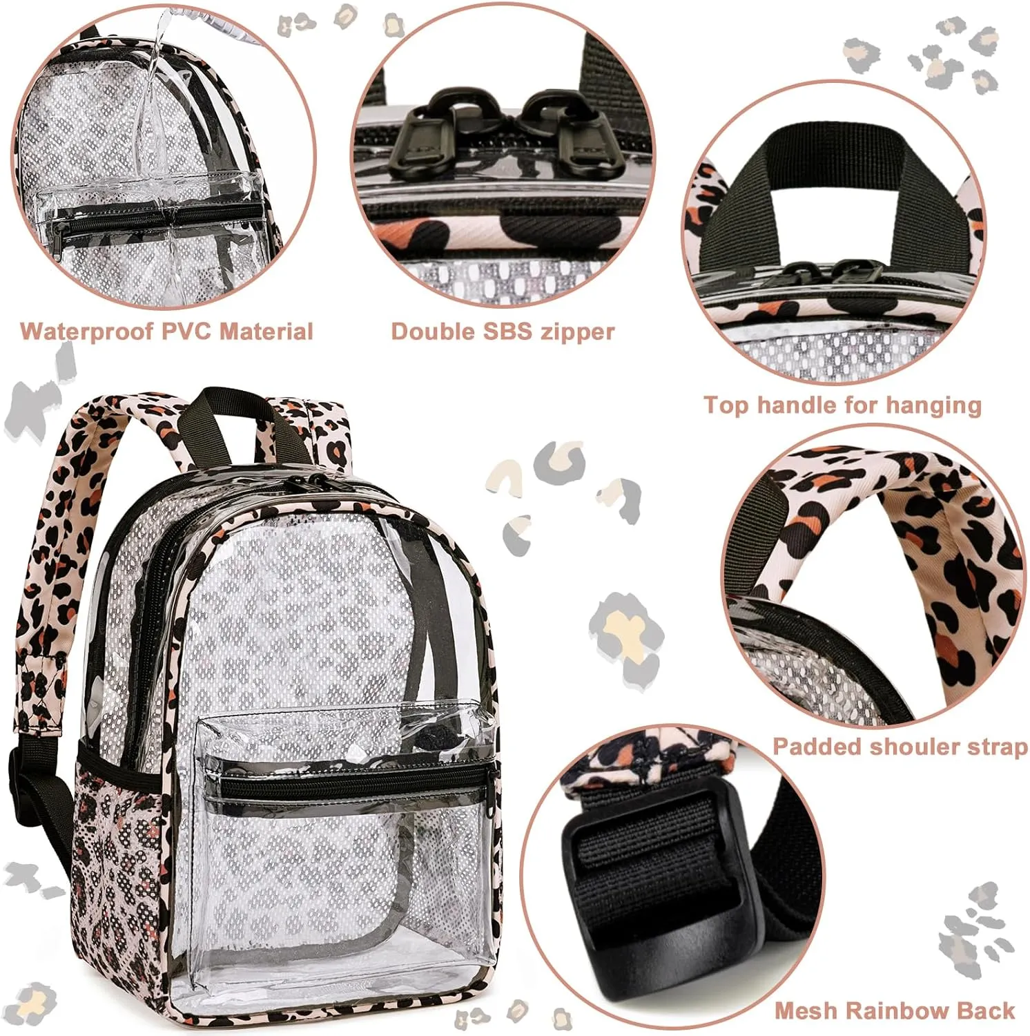 Clear Mini Backpack Stadium Approved 12x6x12 Small Leopard Transparent Backpacks Plastic See Through Bag for Work Festival Security Travel