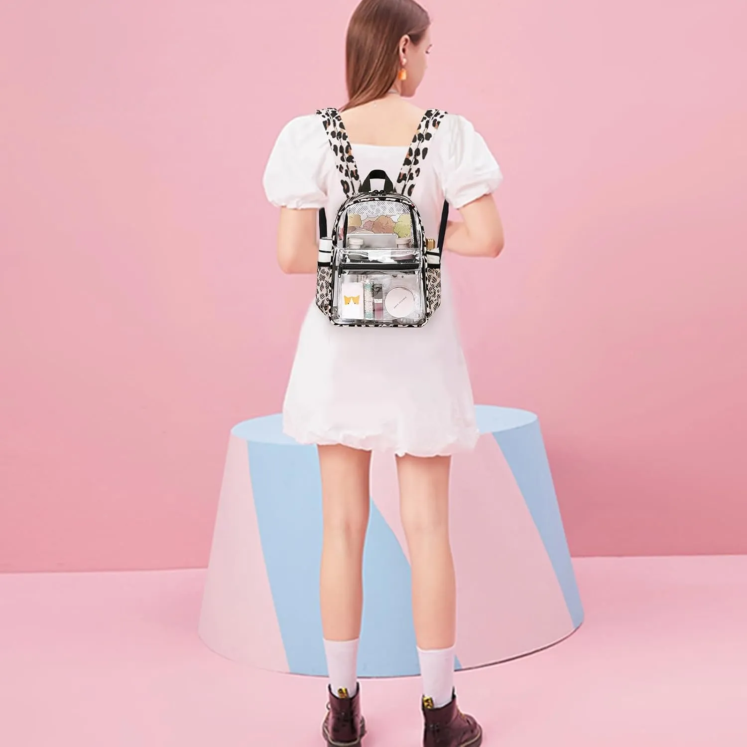 Clear Mini Backpack Stadium Approved 12x6x12 Small Leopard Transparent Backpacks Plastic See Through Bag for Work Festival Security Travel