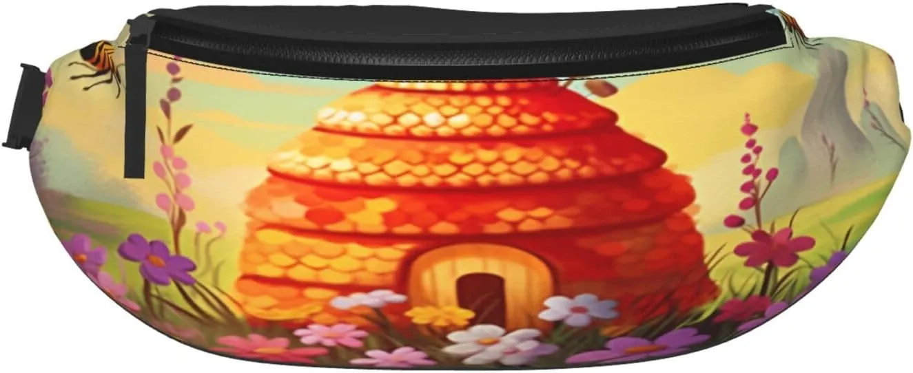Dujiea Fanny Pack, Bee Skep Bee Happy Waist Bag with Headphone Hole Belt Bag Adjustable Sling Pocket Fashion Hip Bum Bag for Women Men Kids Outdoors Casual Travelling Hiking Cycling