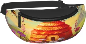 Dujiea Fanny Pack, Bee Skep Bee Happy Waist Bag with Headphone Hole Belt Bag Adjustable Sling Pocket Fashion Hip Bum Bag for Women Men Kids Outdoors Casual Travelling Hiking Cycling