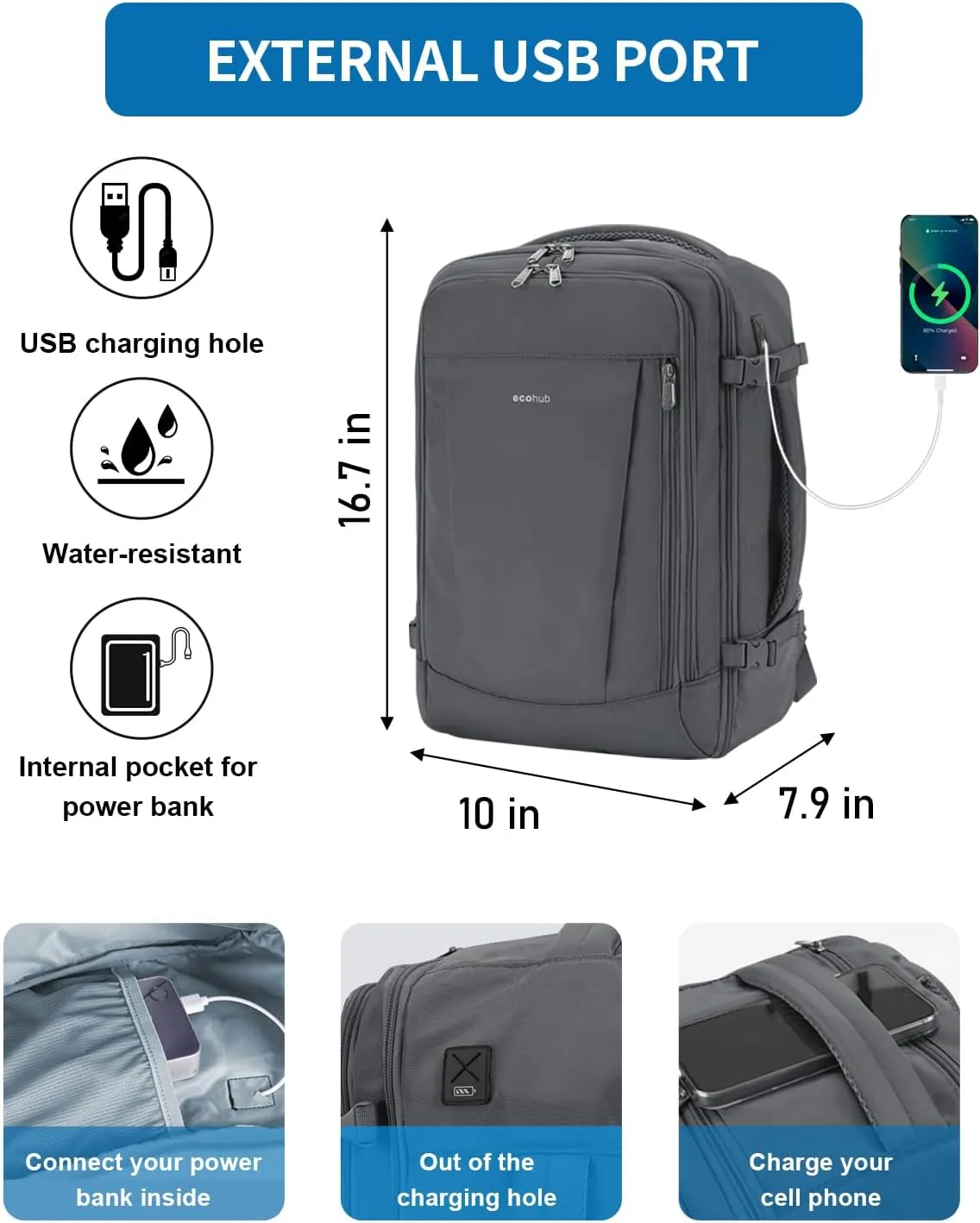 ECOHUB 17'' Travel Backpack, Personal Item Backpack with 13 Pockets, Flight Approved Carry on Backpack with USB Port & Luggage Sleeve, Travel bag for Men & Women, Water Resistant Backpack, Grey