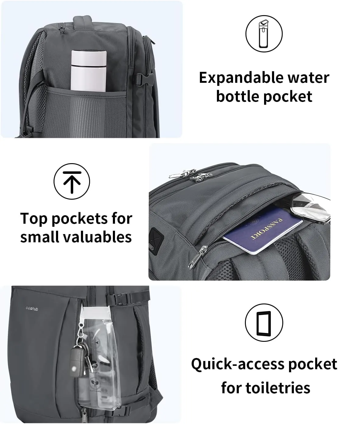 ECOHUB 17'' Travel Backpack, Personal Item Backpack with 13 Pockets, Flight Approved Carry on Backpack with USB Port & Luggage Sleeve, Travel bag for Men & Women, Water Resistant Backpack, Grey