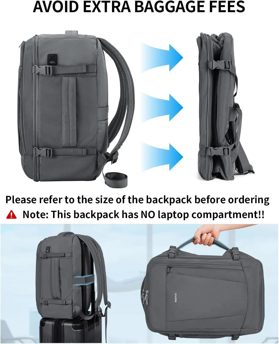 ECOHUB 17'' Travel Backpack, Personal Item Backpack with 13 Pockets, Flight Approved Carry on Backpack with USB Port & Luggage Sleeve, Travel bag for Men & Women, Water Resistant Backpack, Grey