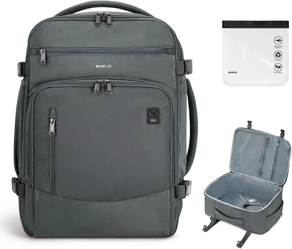 ECOHUB Travel Backpack for Men, 18x14x8 Spirit Airlines Personal Item Bag with Clear Toiletry Bag, Laptop Carry on Backpack with USB Port, Airline Approved Under Seat 14 Pockets 30L, Grey