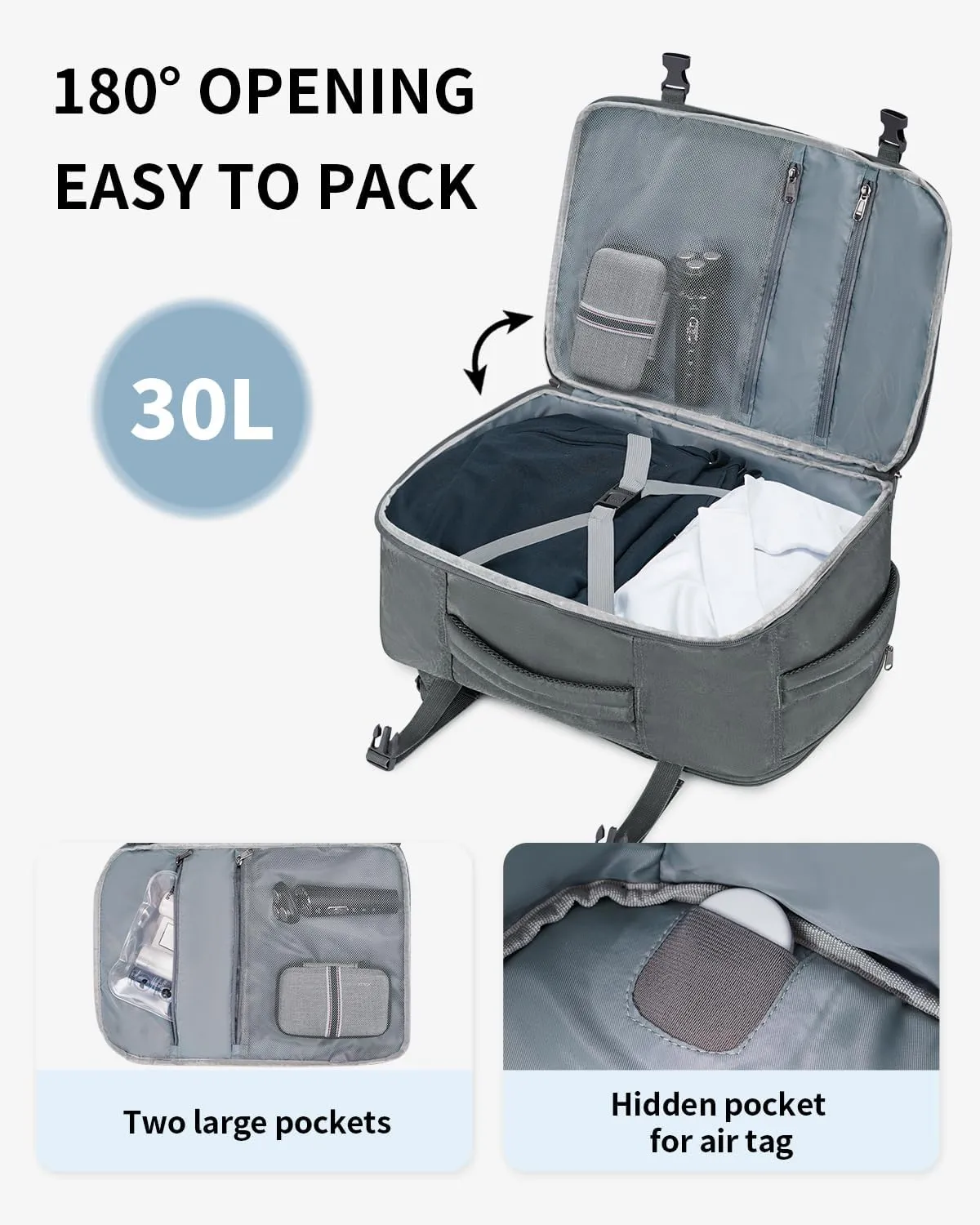 ECOHUB Travel Backpack for Men, 18x14x8 Spirit Airlines Personal Item Bag with Clear Toiletry Bag, Laptop Carry on Backpack with USB Port, Airline Approved Under Seat 14 Pockets 30L, Grey