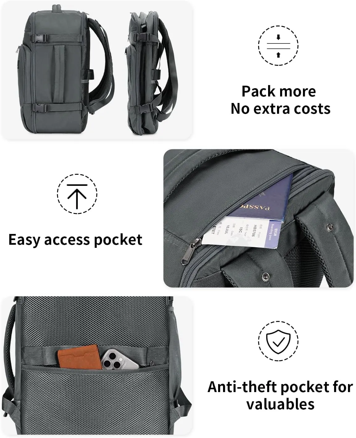 ECOHUB Travel Backpack for Men, 18x14x8 Spirit Airlines Personal Item Bag with Clear Toiletry Bag, Laptop Carry on Backpack with USB Port, Airline Approved Under Seat 14 Pockets 30L, Grey