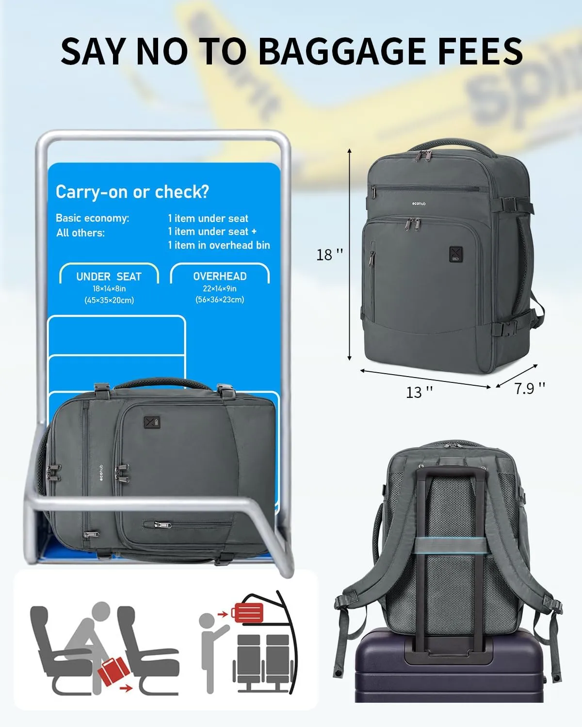 ECOHUB Travel Backpack for Men, 18x14x8 Spirit Airlines Personal Item Bag with Clear Toiletry Bag, Laptop Carry on Backpack with USB Port, Airline Approved Under Seat 14 Pockets 30L, Grey
