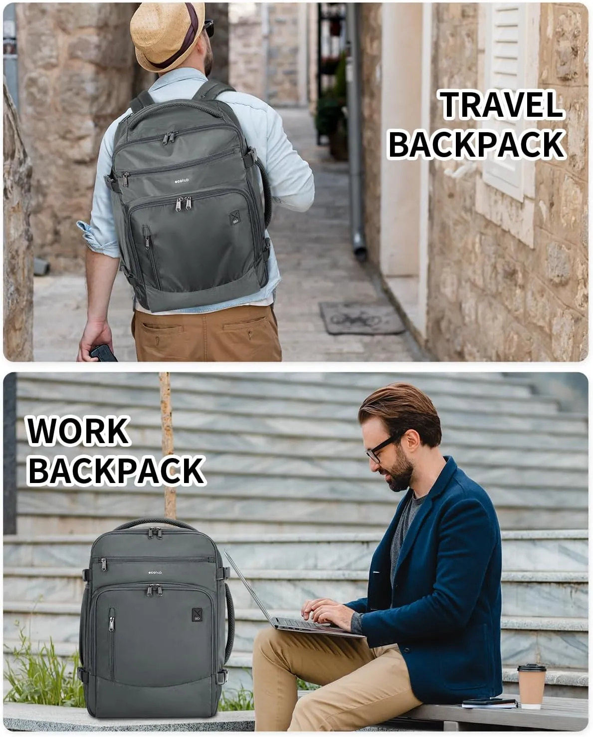 ECOHUB Travel Backpack for Men, 18x14x8 Spirit Airlines Personal Item Bag with Clear Toiletry Bag, Laptop Carry on Backpack with USB Port, Airline Approved Under Seat 14 Pockets 30L, Grey