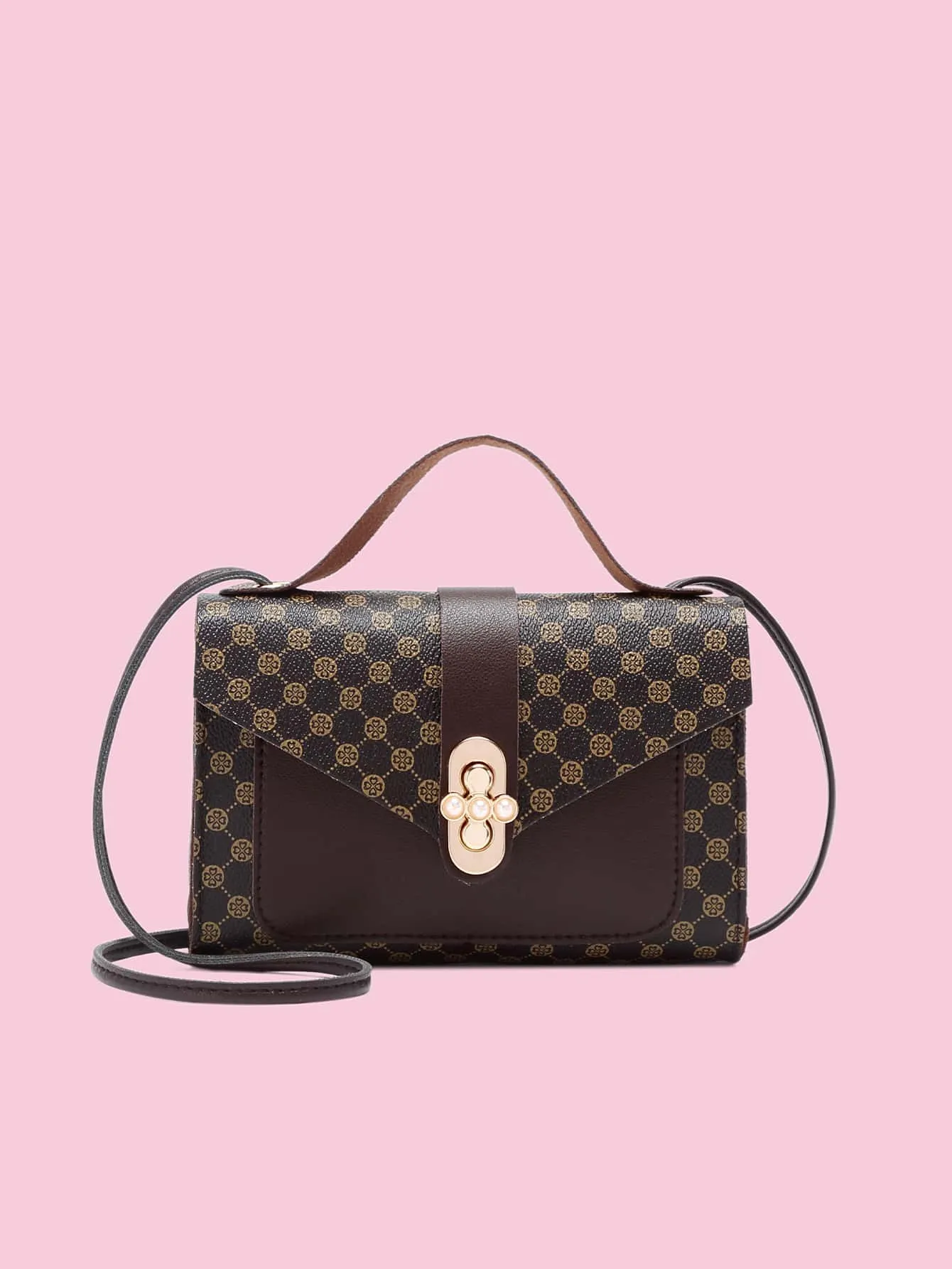 Faux Pearl Decor Geometric Graphic Satchel Bag