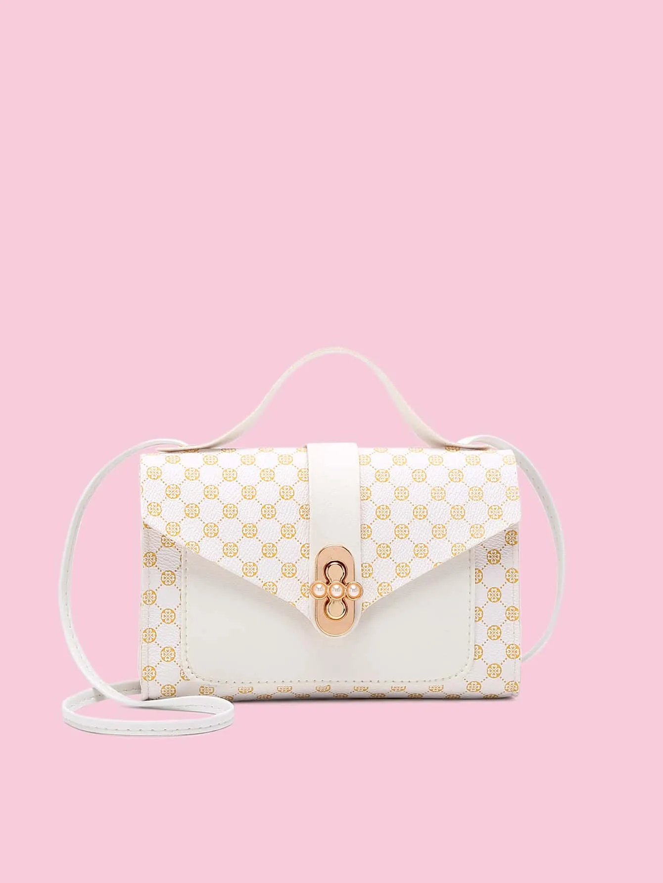 Faux Pearl Decor Geometric Graphic Satchel Bag