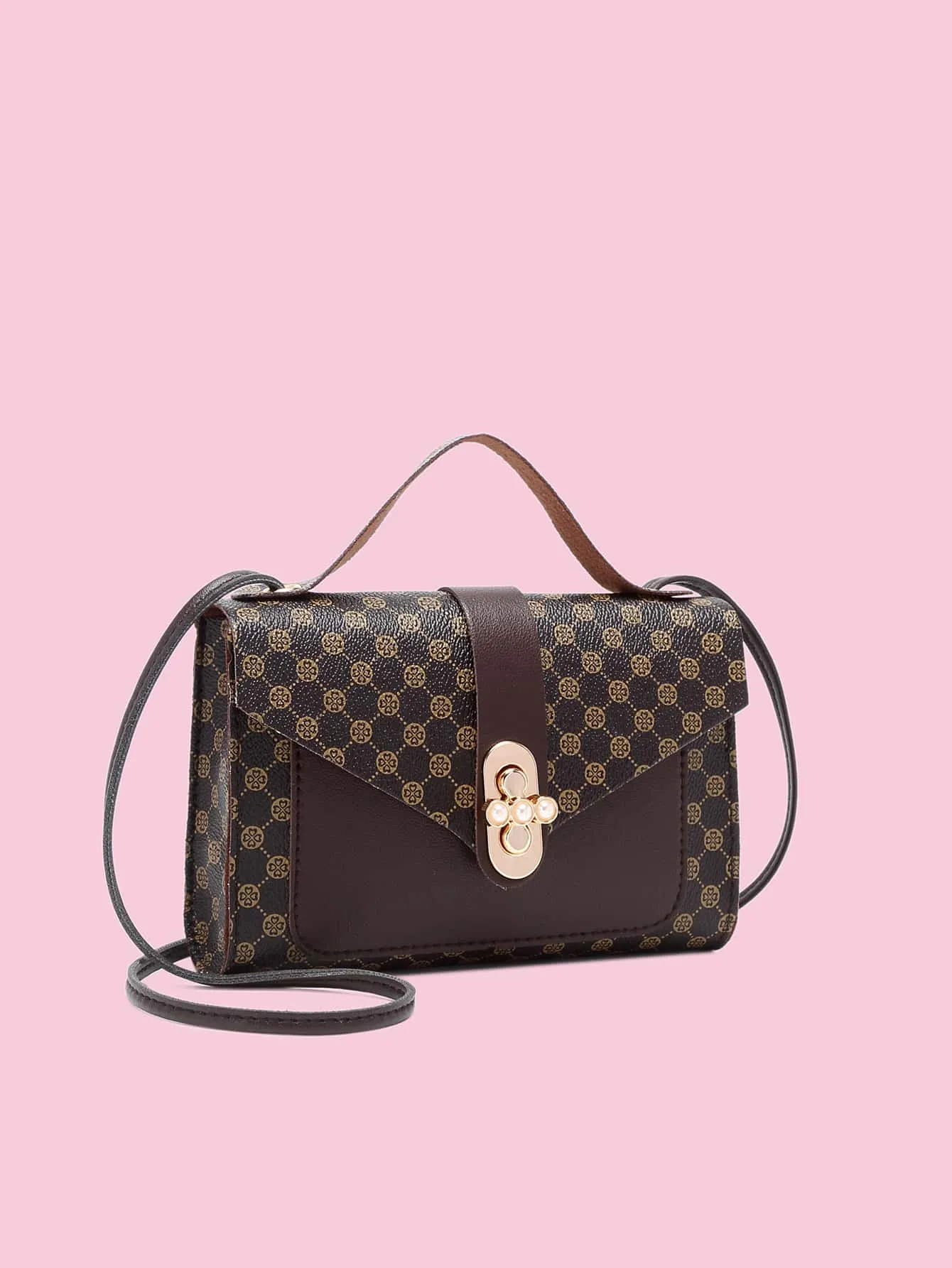 Faux Pearl Decor Geometric Graphic Satchel Bag