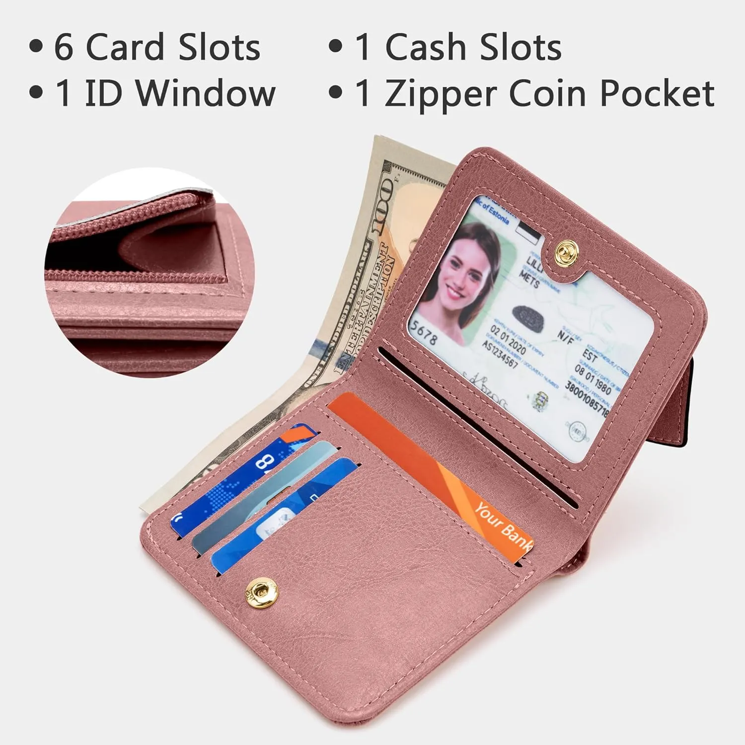 Gostwo Small Wallet for Women, Slim Bifold Credit Card Holder, Compact RFID Blocking Cash Wallet, Billfolds Thin Leather Zipper Pocket, Mini Wallet Gift for Ladies Teen Girls Travel with ID Window