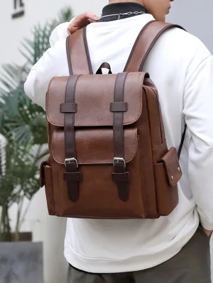 Large Laptop Backpack PU Backpack Male Teenagers Boys Brown Schoolbag
