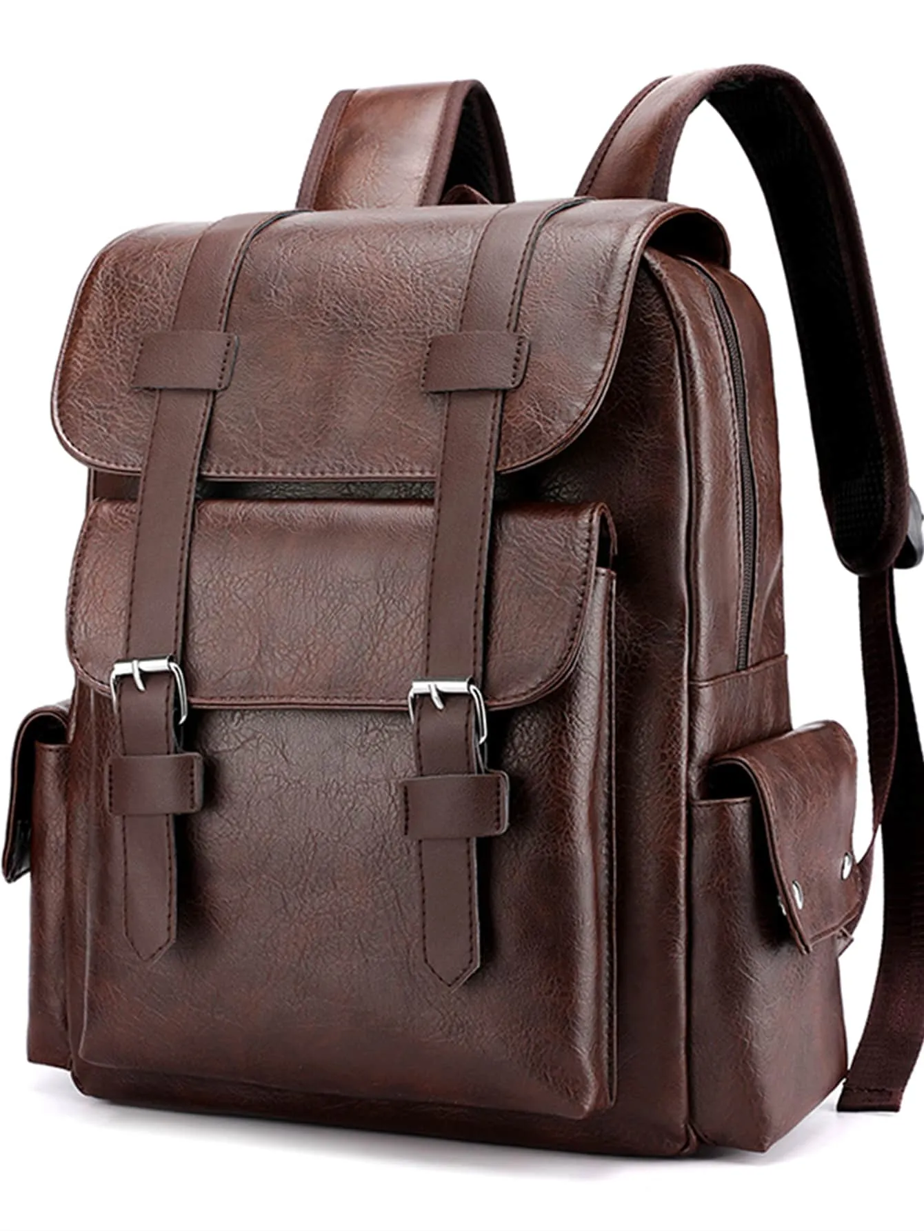 Large Laptop Backpack PU Backpack Male Teenagers Boys Brown Schoolbag