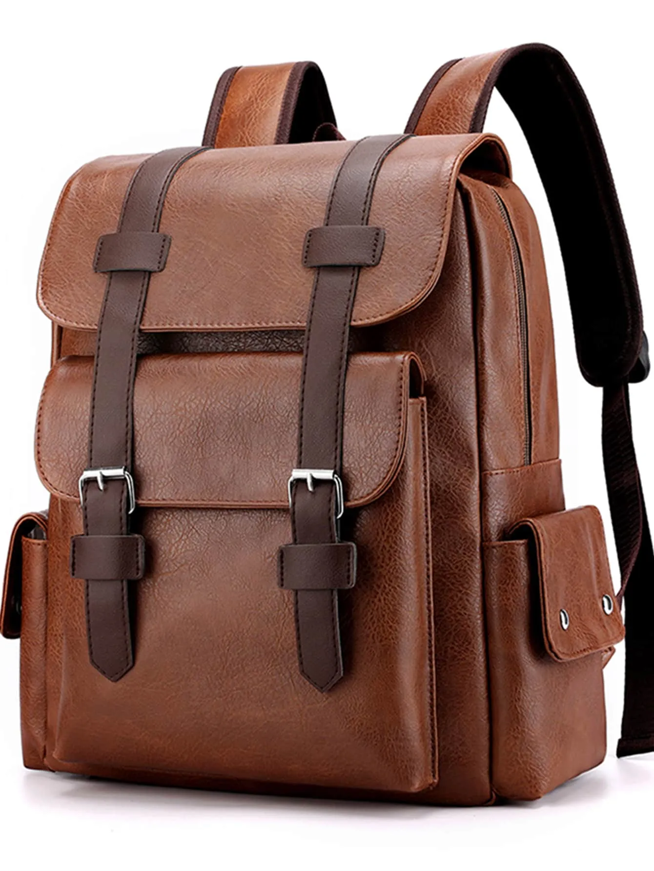 Large Laptop Backpack PU Backpack Male Teenagers Boys Brown Schoolbag