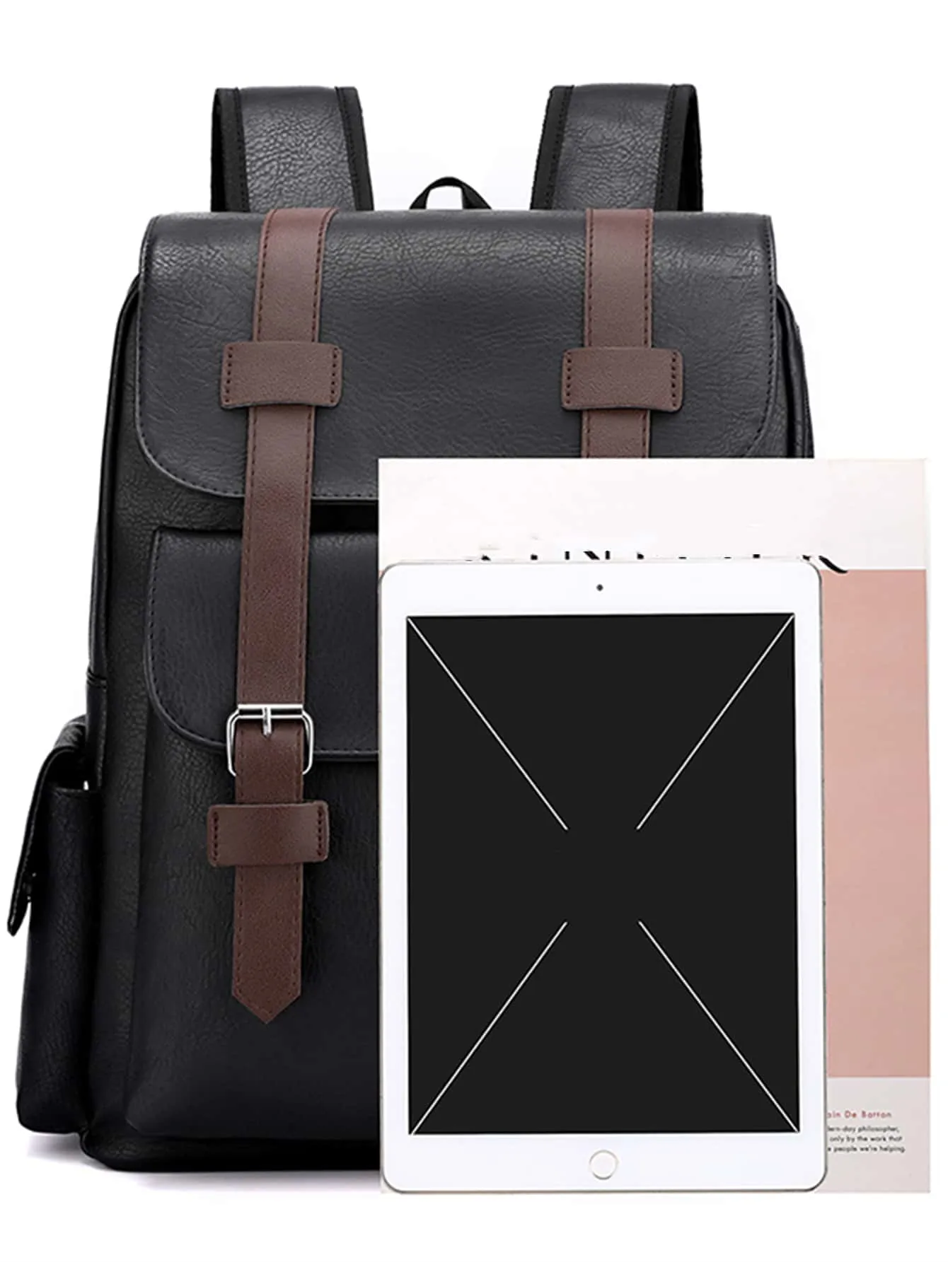 Large Laptop Backpack PU Backpack Male Teenagers Boys Brown Schoolbag