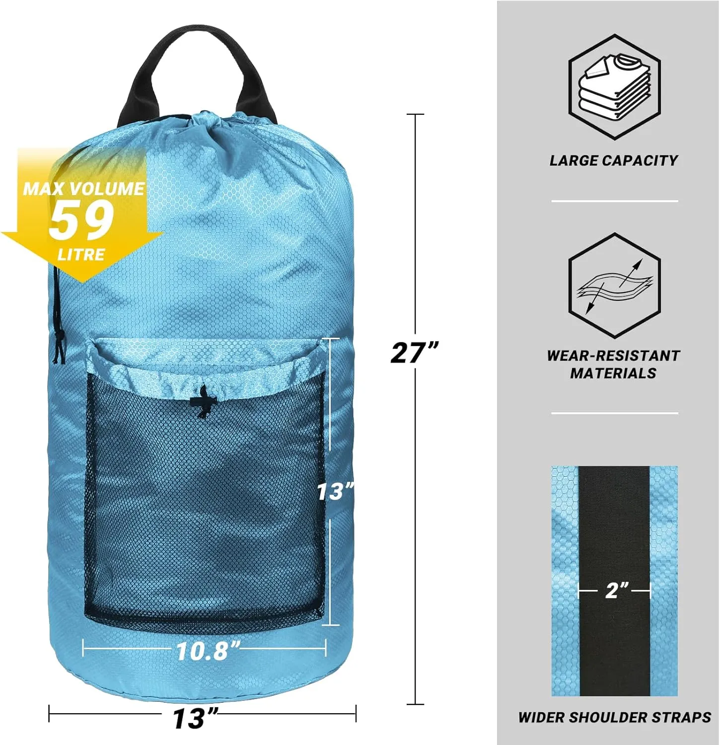 Laundry Bag with Shoulder Straps and Mesh Pocket Laundry Backpack Large Portable Laundry Hamper for College Laundromat Apartment (Light Blue)