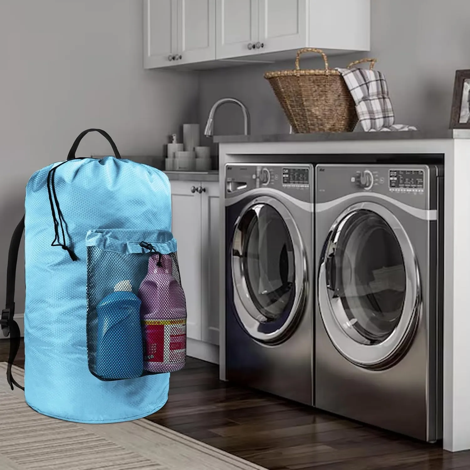 Laundry Bag with Shoulder Straps and Mesh Pocket Laundry Backpack Large Portable Laundry Hamper for College Laundromat Apartment (Light Blue)