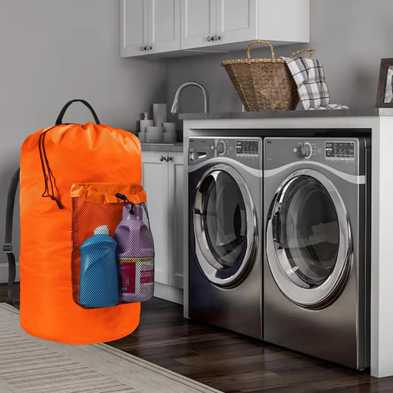 Laundry Bag with Shoulder Straps and Mesh Pocket Laundry Backpack Large Portable Laundry Hamper for College Laundromat Apartment