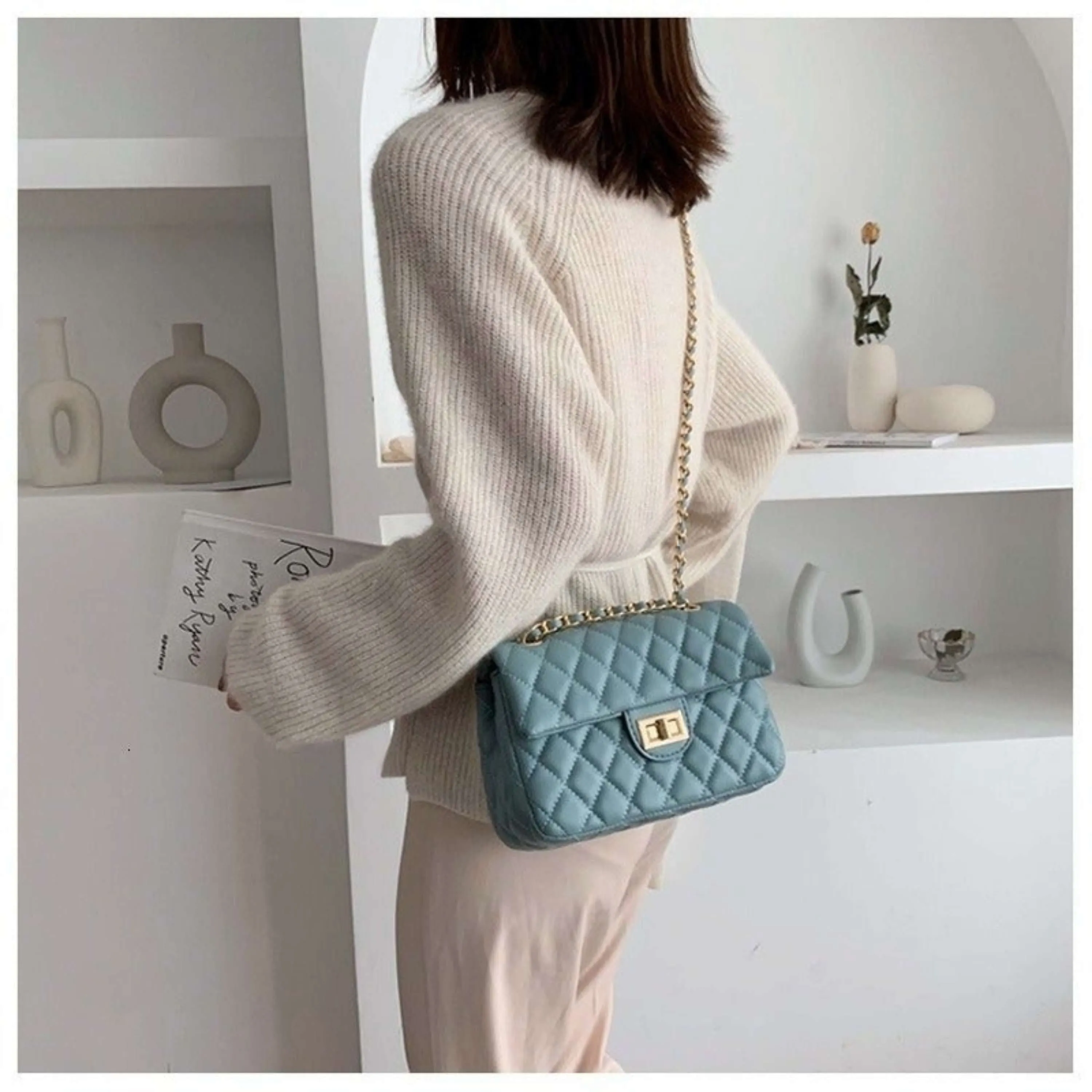 New Quilted Turn Lock Chain Sling Bag