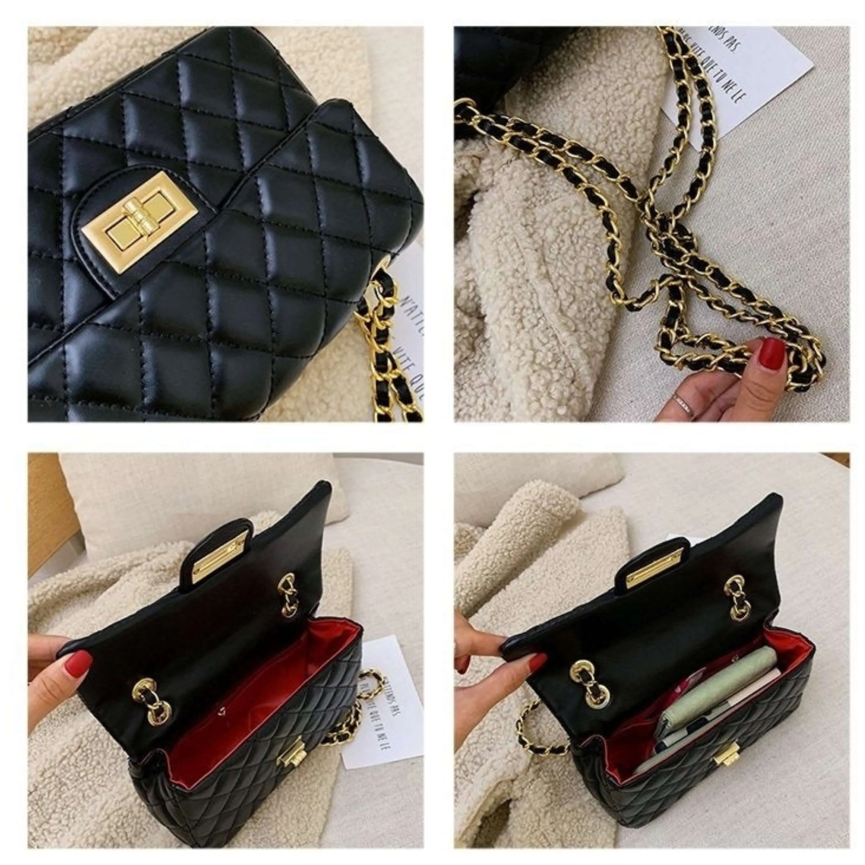 New Quilted Turn Lock Chain Sling Bag