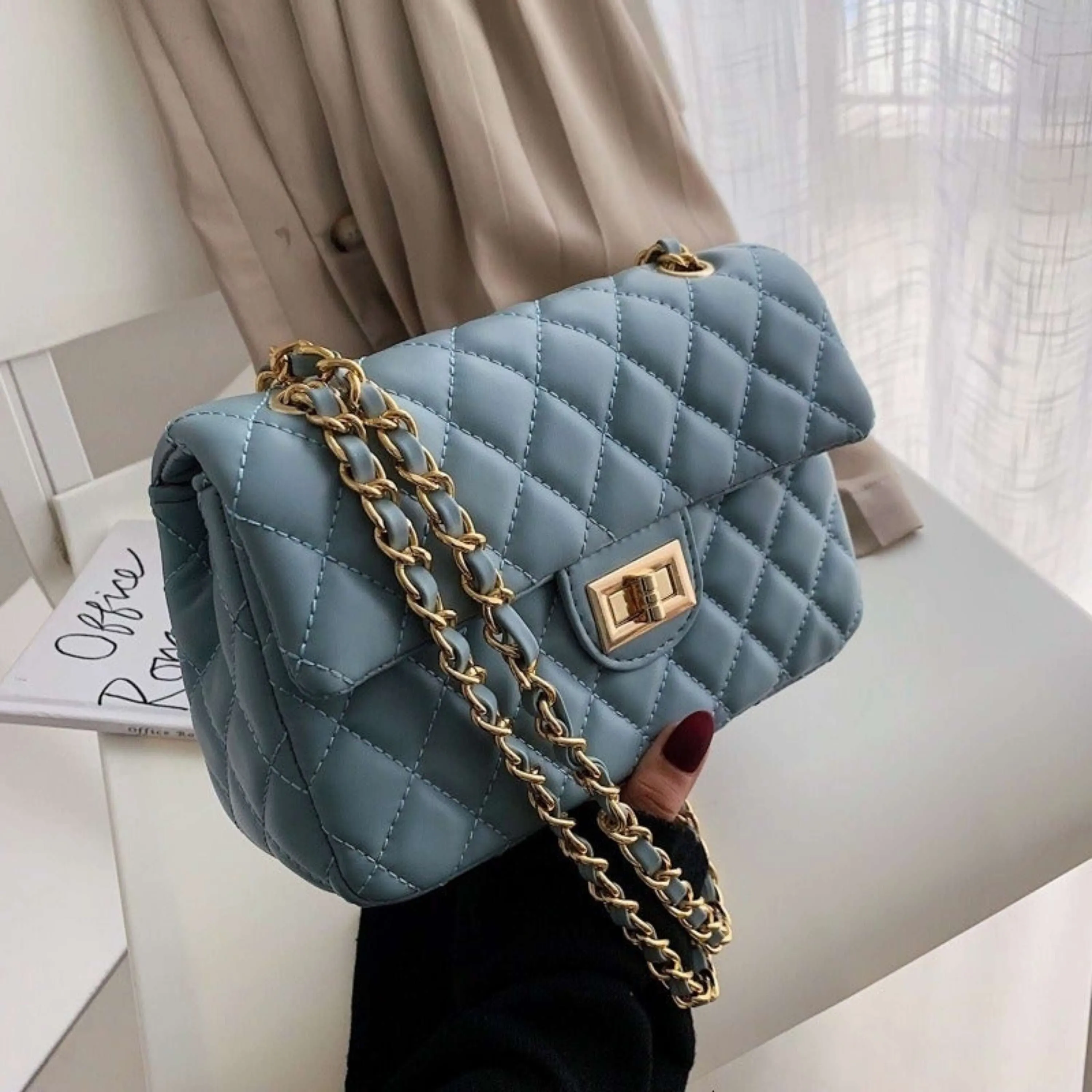 New Quilted Turn Lock Chain Sling Bag