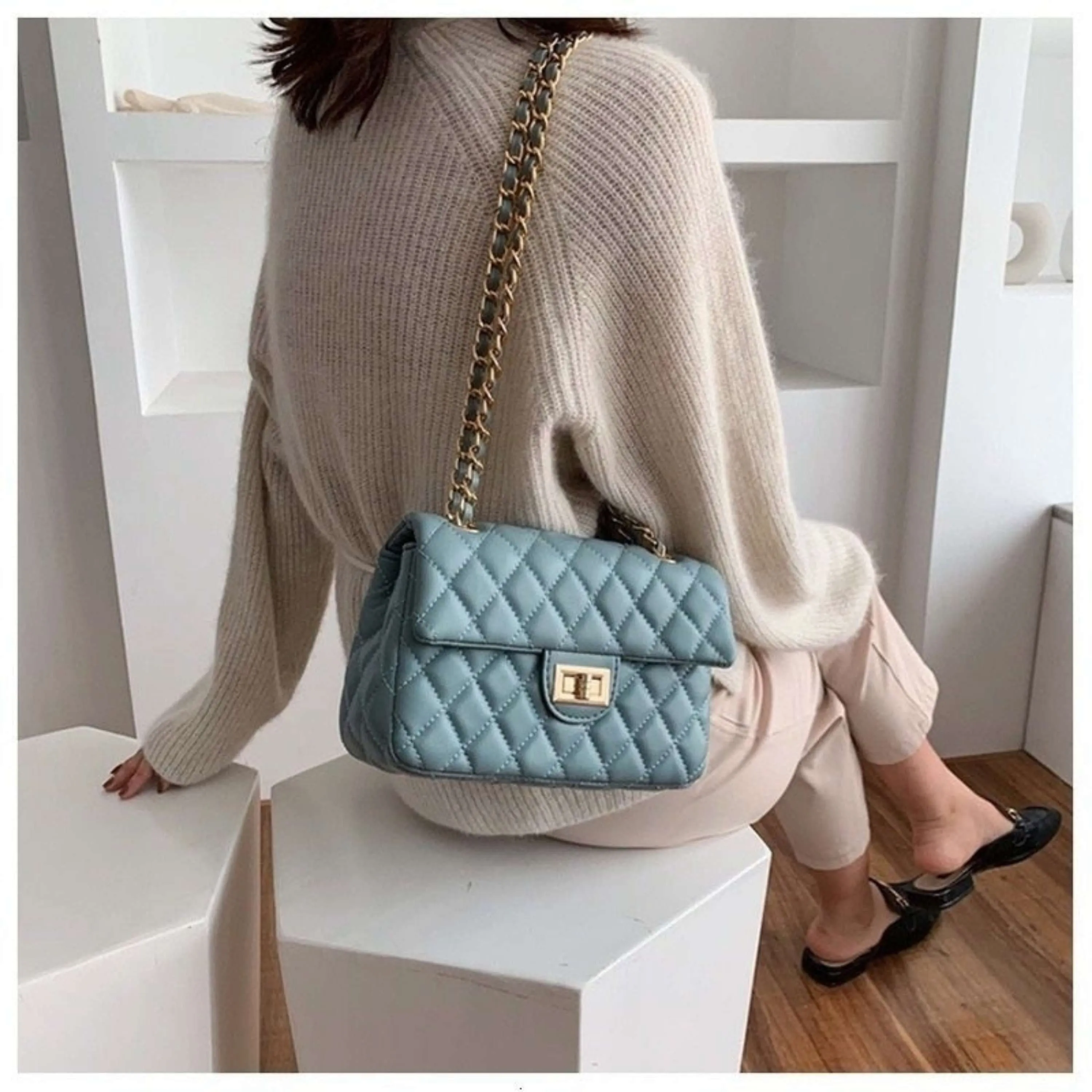 New Quilted Turn Lock Chain Sling Bag