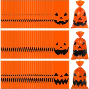 Outus 150 Pieces Halloween Plastic Candy Bags Jack-O-Lantern Pumpkin Bags Goody Tote Bag Party Favor with Handles Party Favors