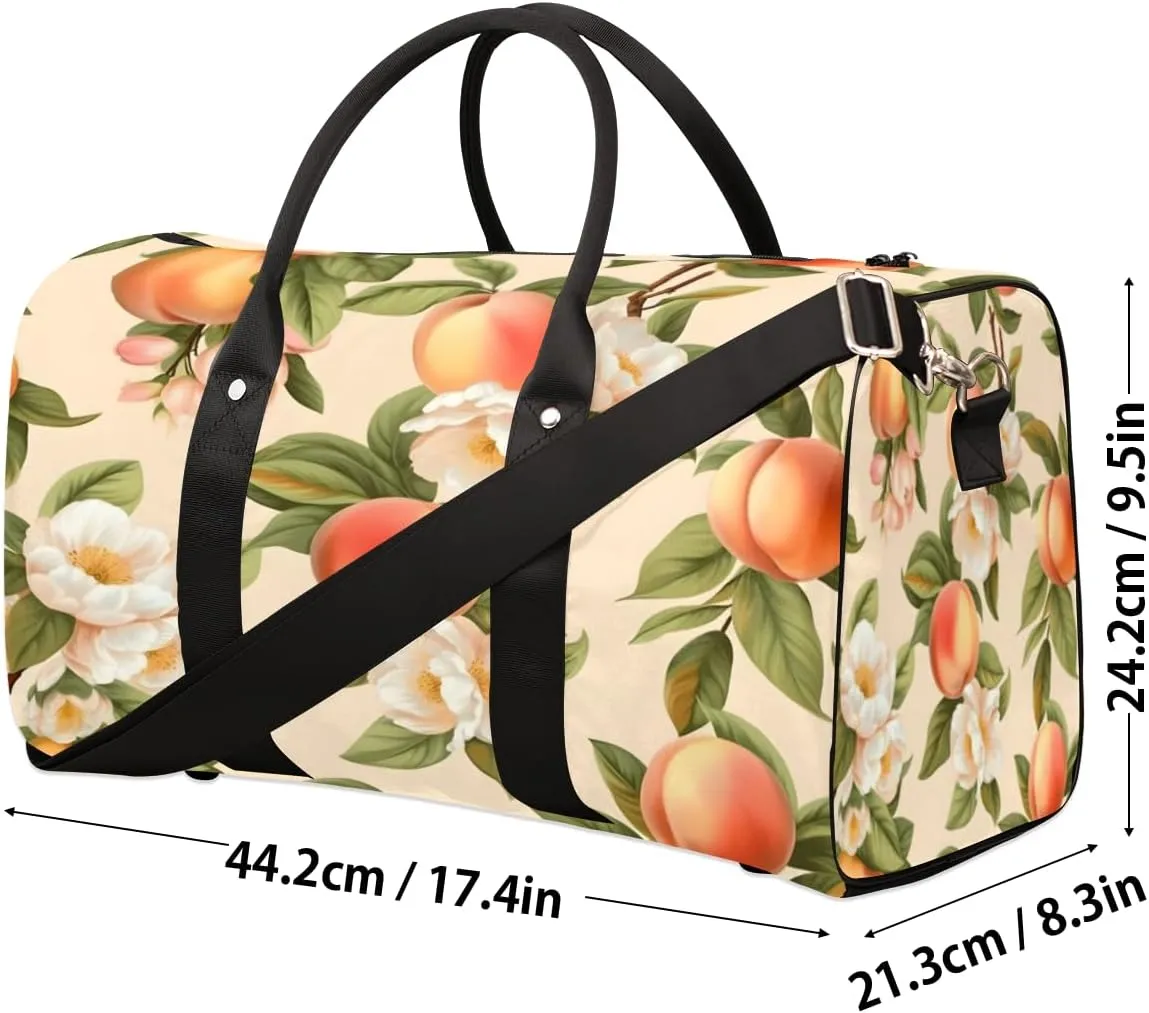 Peach Travel Duffle Bag, Sports Gym Bags for Women Men, Carry On Weekender Overnight Bag, Orange Fruit Floral Workout Hospital Airplane Trips Bag